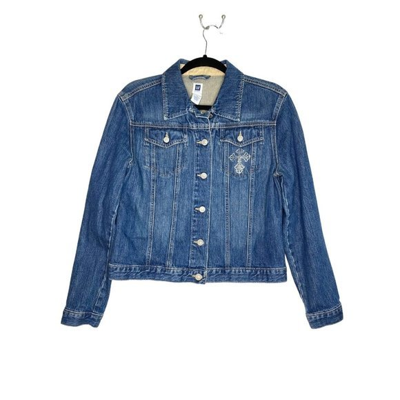 Vintage Gap‎ Denim Jean Jacket Size M Cross Rhinestone Pockets Collar Retro 90s - Picture 1 of 9